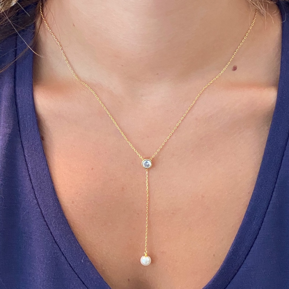 Sale $36 Firm! 14K Gold Plated Necklace with CZ & Faux Pearl - Picture 7 of 12